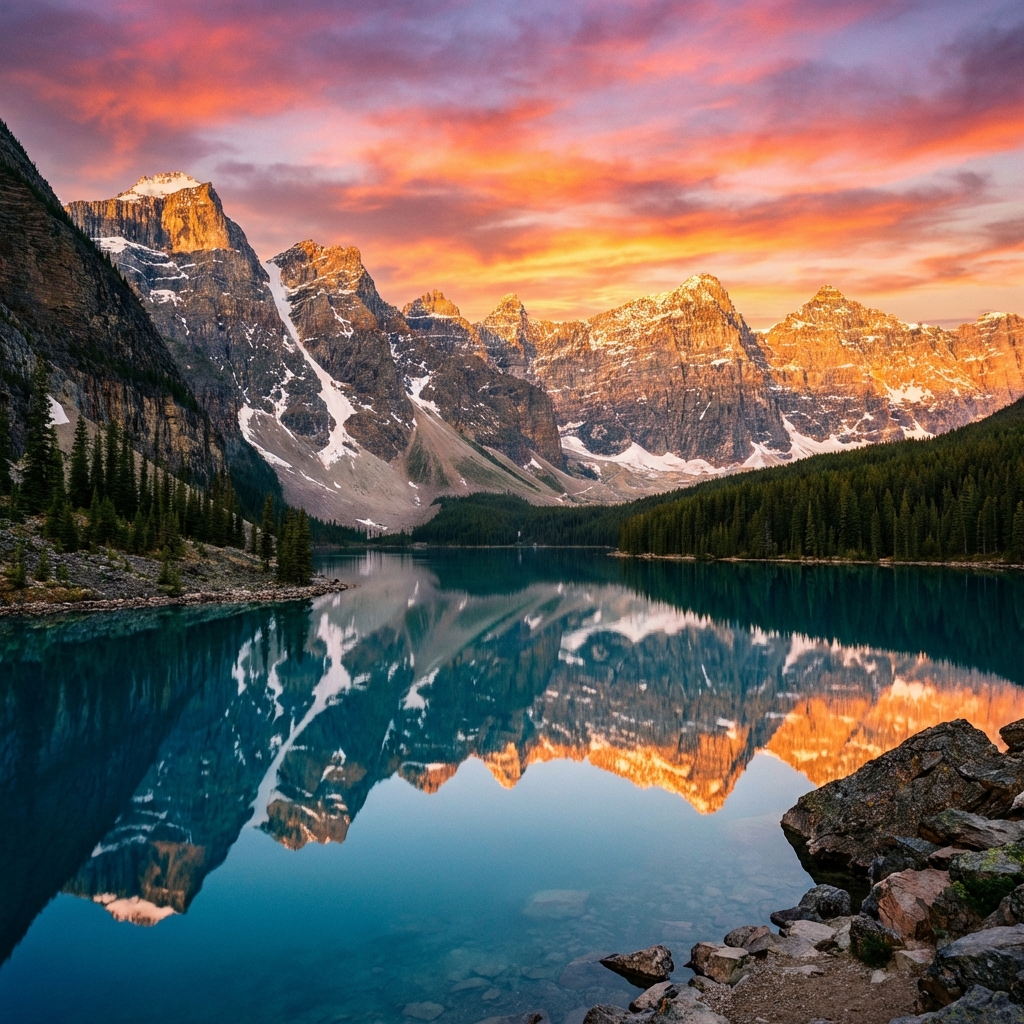 A breathtaking view of a mountain range at sunset with a crystal clear lake in the foreground, cinematic lighting, ultra-realistic, nature photography.